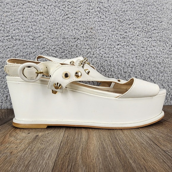 Prada Milano Platform Wedge Women's EU 38 Sandals Gold Studded Strappy White - Picture 1 of 16